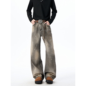 男宽松直筒阔腿裤 YORKZOOM美式 复古水洗做旧泼墨牛仔裤 高街风