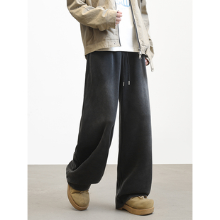 York Zoom秋季新款复古水洗黑做旧磨白直筒运动卫裤男长裤休闲