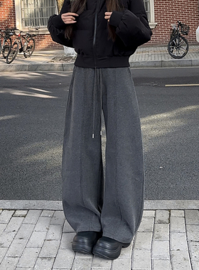 YORKZOOM春冬新款加绒加厚灰色弯刀卫裤情侣显高显瘦宽松拖地裤