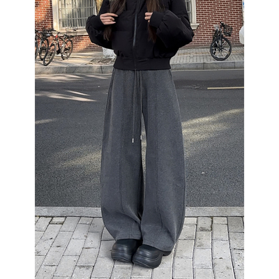 春冬加绒加厚灰色显高阔腿卫裤