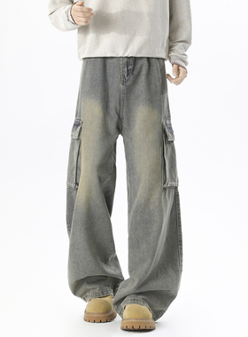 YORKZOOM春季新款美式黄泥染水洗做旧工装小破坏牛仔裤长裤宽松