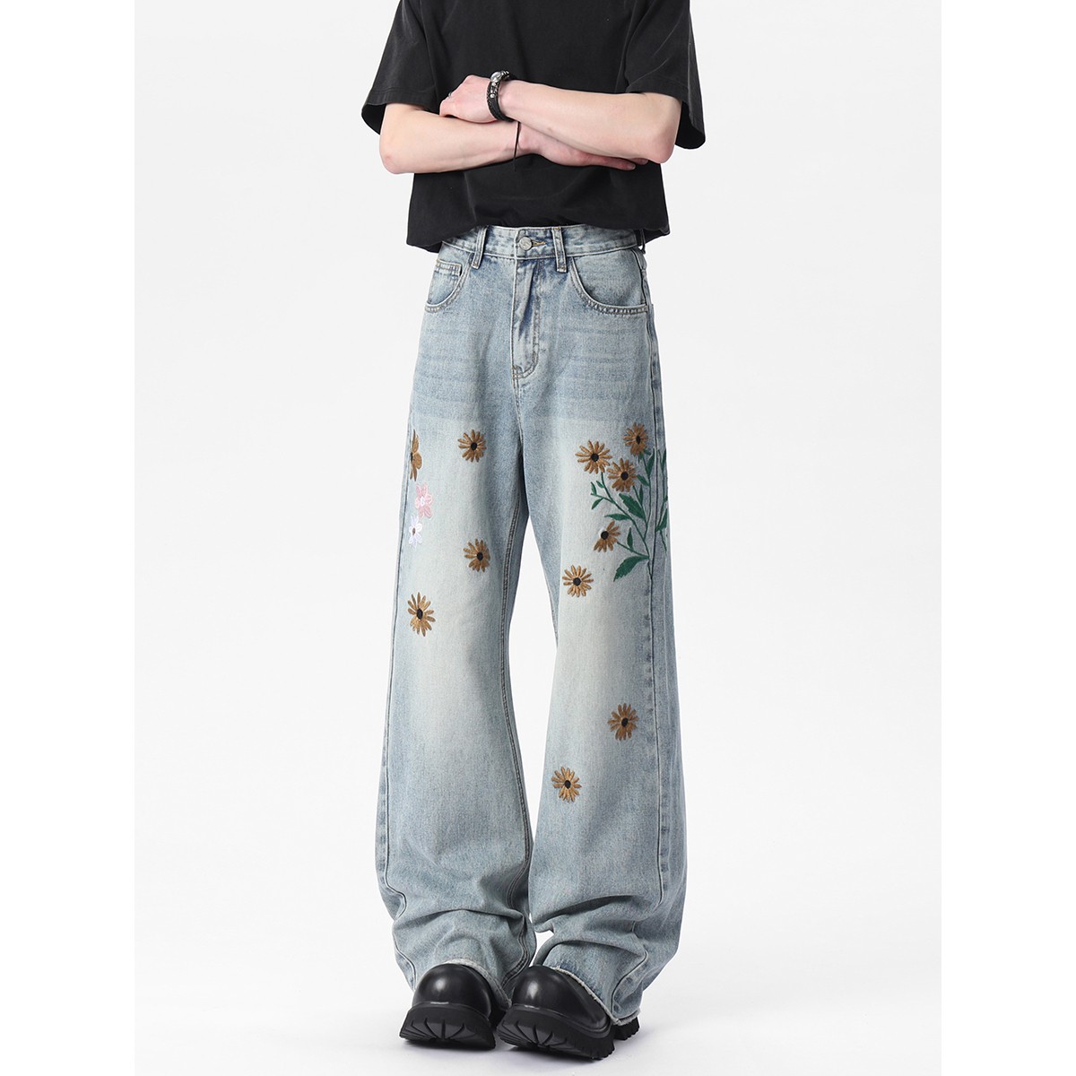 York Zoom夏季新款美式花朵刺绣牛仔裤长裤复古高街宽松做旧水洗