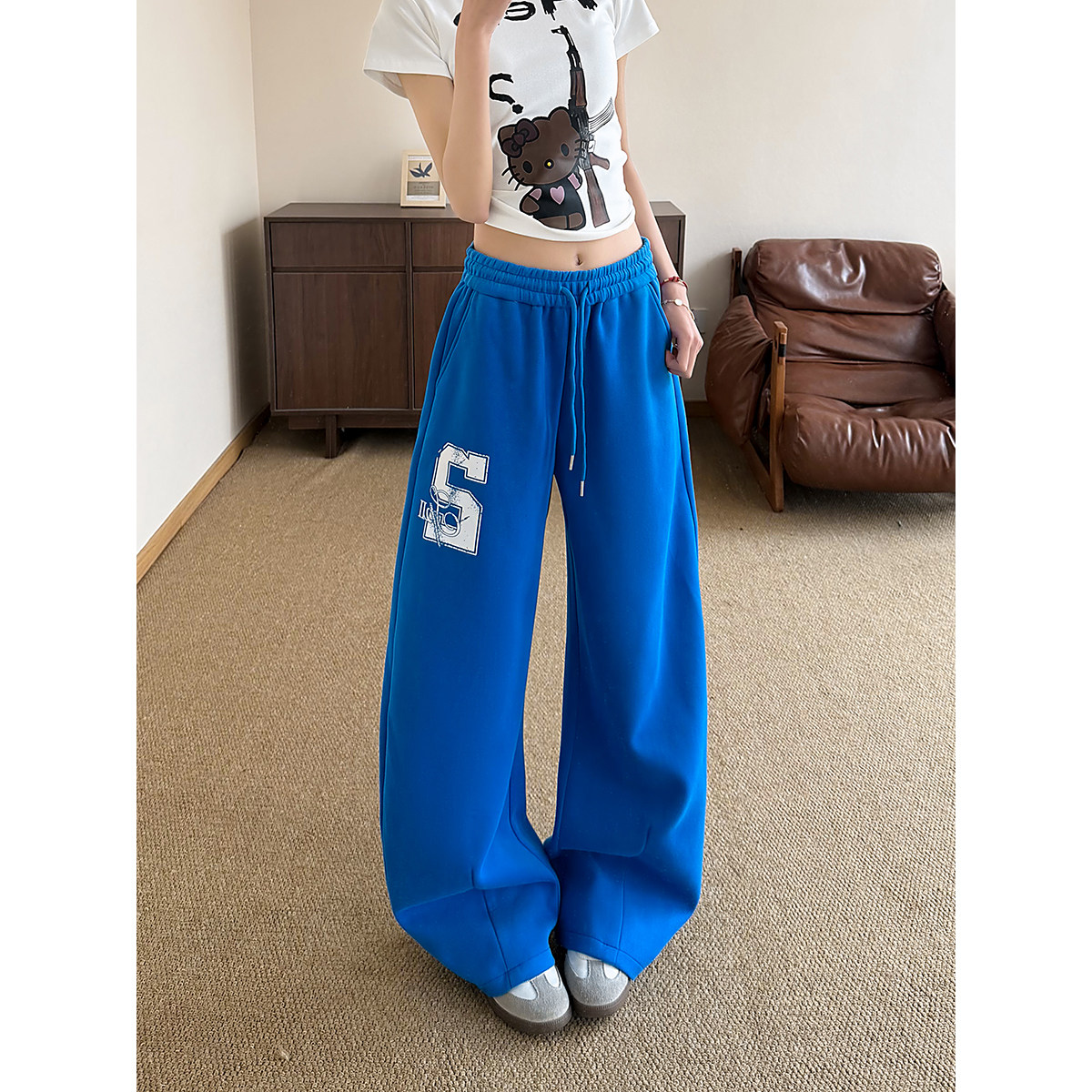 York Zoom春季新款美式复古字母印花宽松休闲裤卫裤垂感阔腿蓝色