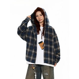 Zoom秋季 休闲情侣男女款 复古百搭格子连帽长袖 衬衣时尚 衬衫 York