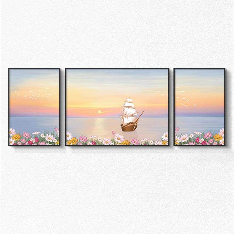 北欧风客厅装饰画唯美花海沙发背景墙挂画现代简约高档三联画壁画