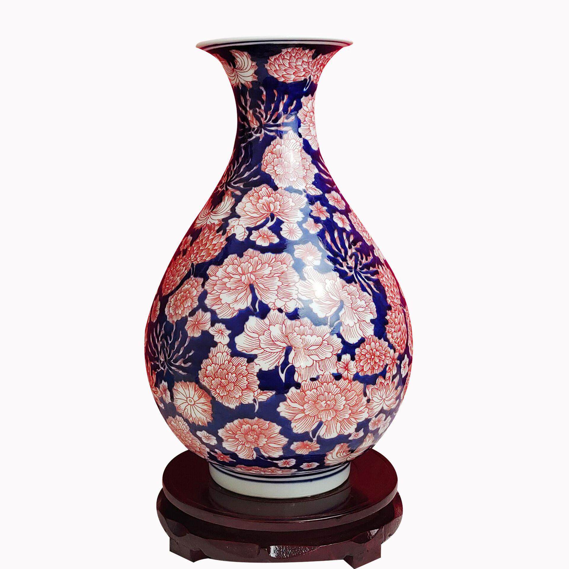 中国风手绘青花瓷釉里红万花瓷装饰品家居客厅瓷器插花摆设