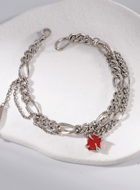 juulab兽角镶红色石榴红双层叠链时尚个性百搭潮酷酷明星同款手链