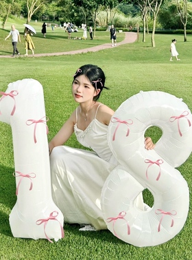 蝴蝶结白色生日数字气球氛围感装饰女孩派对布置拍照道具户外写真