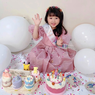 ins韩国儿童女孩生日快乐肩带礼仪绶带彩色发箍头饰成人拍照道具