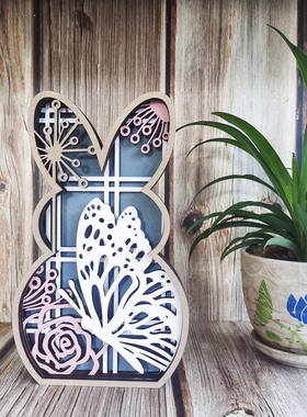 新款复活节摆件木质雕刻兔子装饰节日家居装饰品彩色镂空兔子