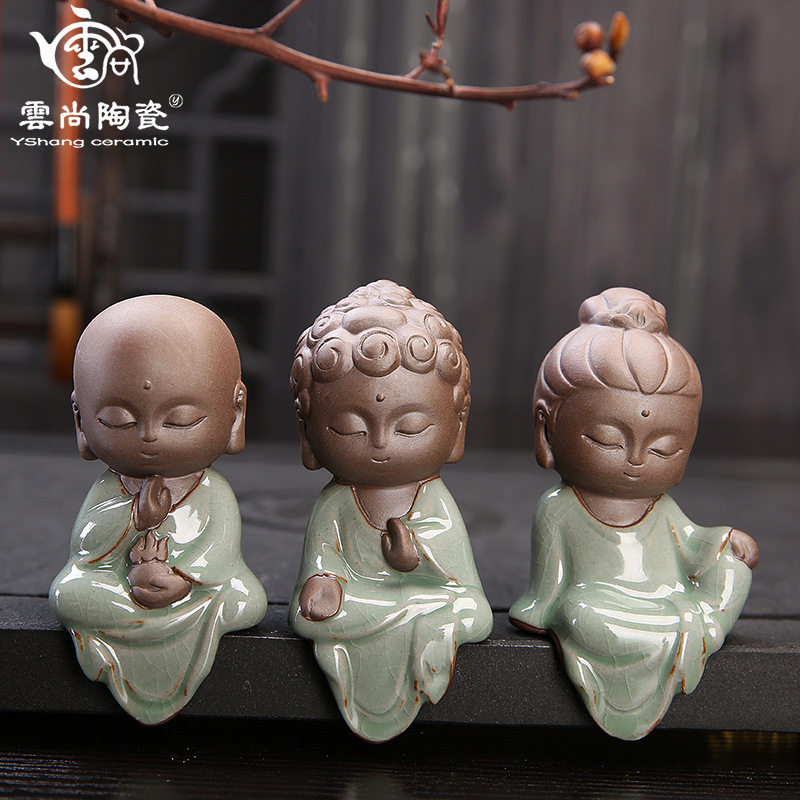 小三圣可爱茶宠摆件创意小和尚精品紫砂茶宠摆件名家功夫茶具