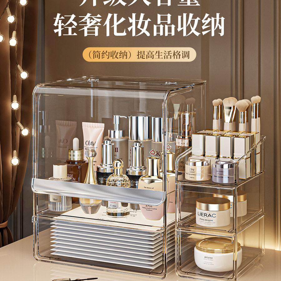 化妆品收纳盒桌面防尘梳妆台护肤品口红置物架透明亚克力整理