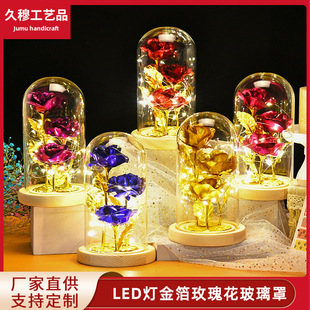 跨境金箔玫瑰花永生花玻璃罩发光led灯圣诞情人节礼物送女生摆件