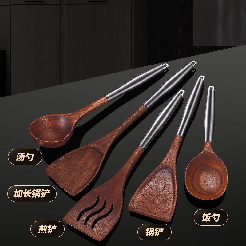 胡桃木304不锈钢厨具套装加厚不粘锅锅铲煎铲家用厨房汤勺盛饭勺
