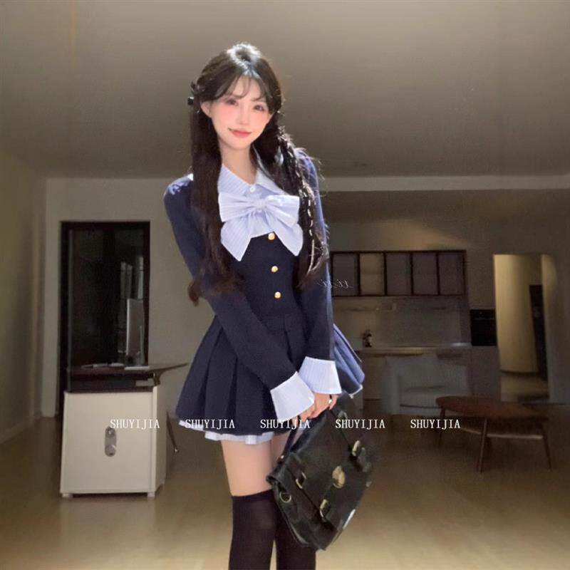 学院风假两件蝴蝶结连衣裙女甜美收腰蓬蓬百褶裙a字短裙秋季新款