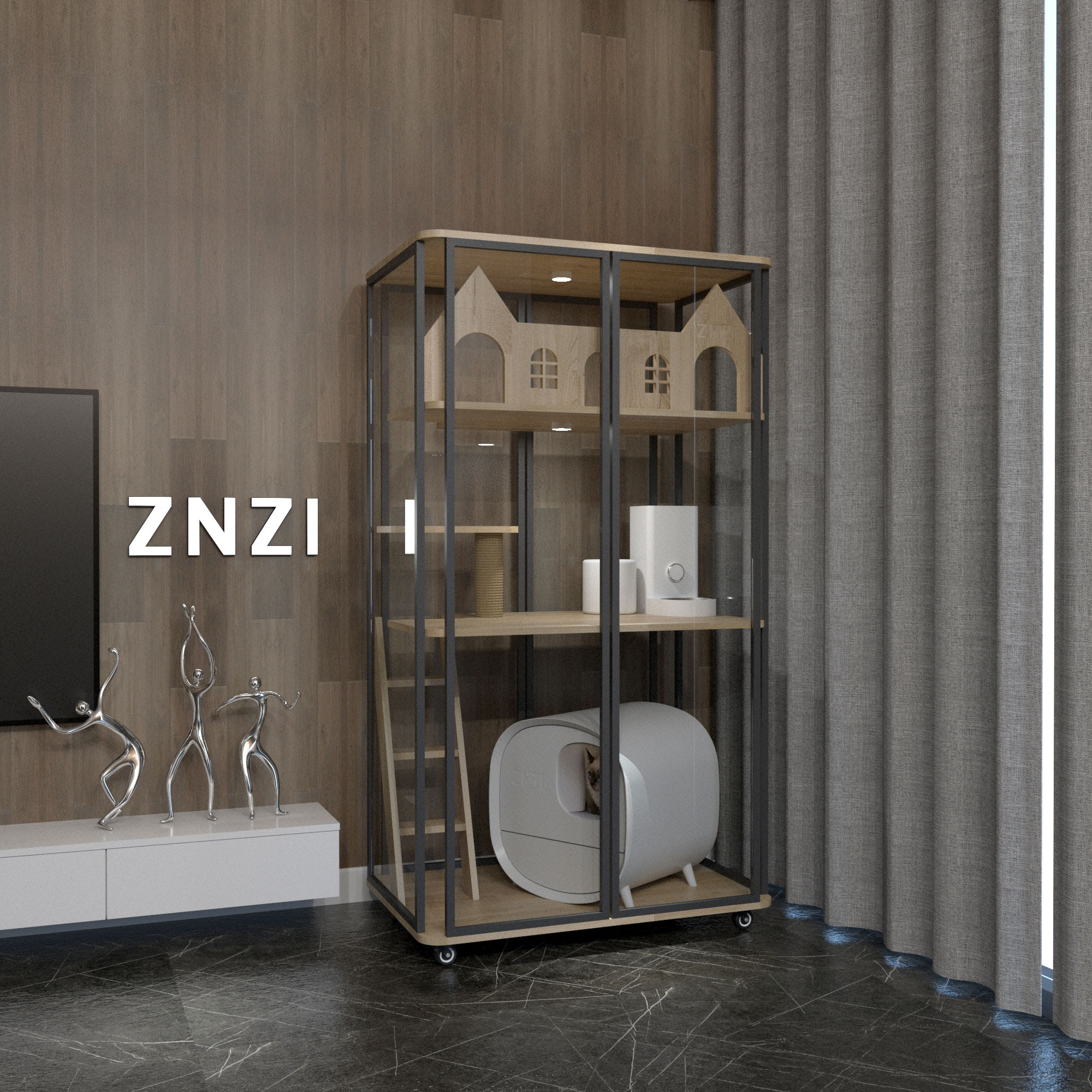 znzi全景玻璃猫别墅高档大空间猫笼家用实木猫屋宠物室内猫咪猫舍