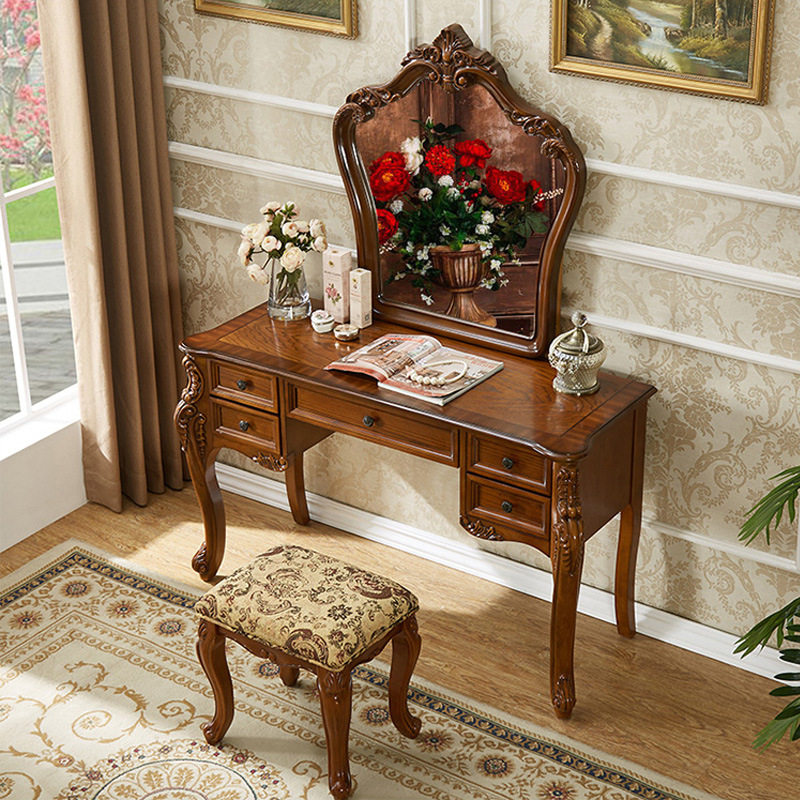 格澜帝尔美式实木化妆台北欧小户型轻奢卧室家用雕花多功能梳妆台