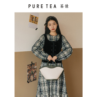 ein言旗下puretea茶愫色织格纹圆领荷叶摆结构连衣裙女