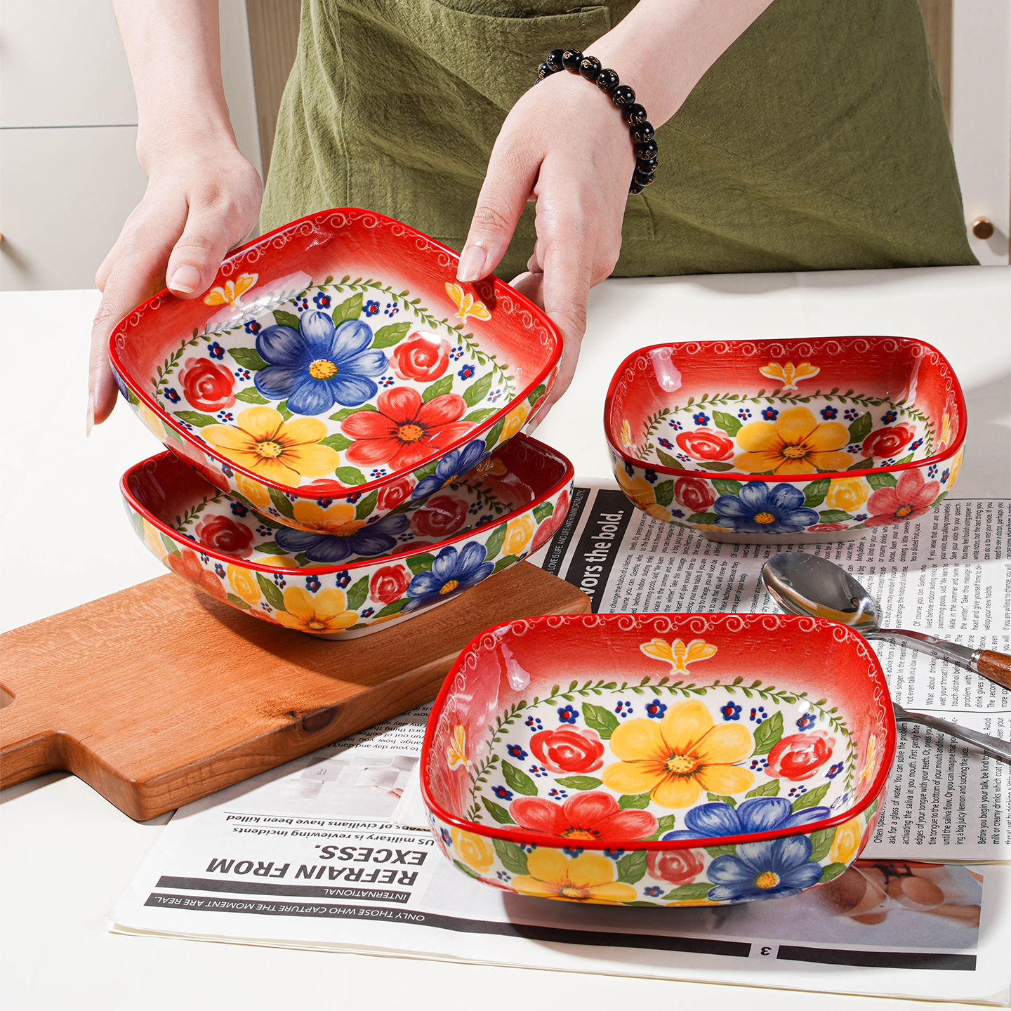 家用陶瓷深盘2025新款菜盘釉下彩四方盘子高颜值早餐盘水果盘碟子