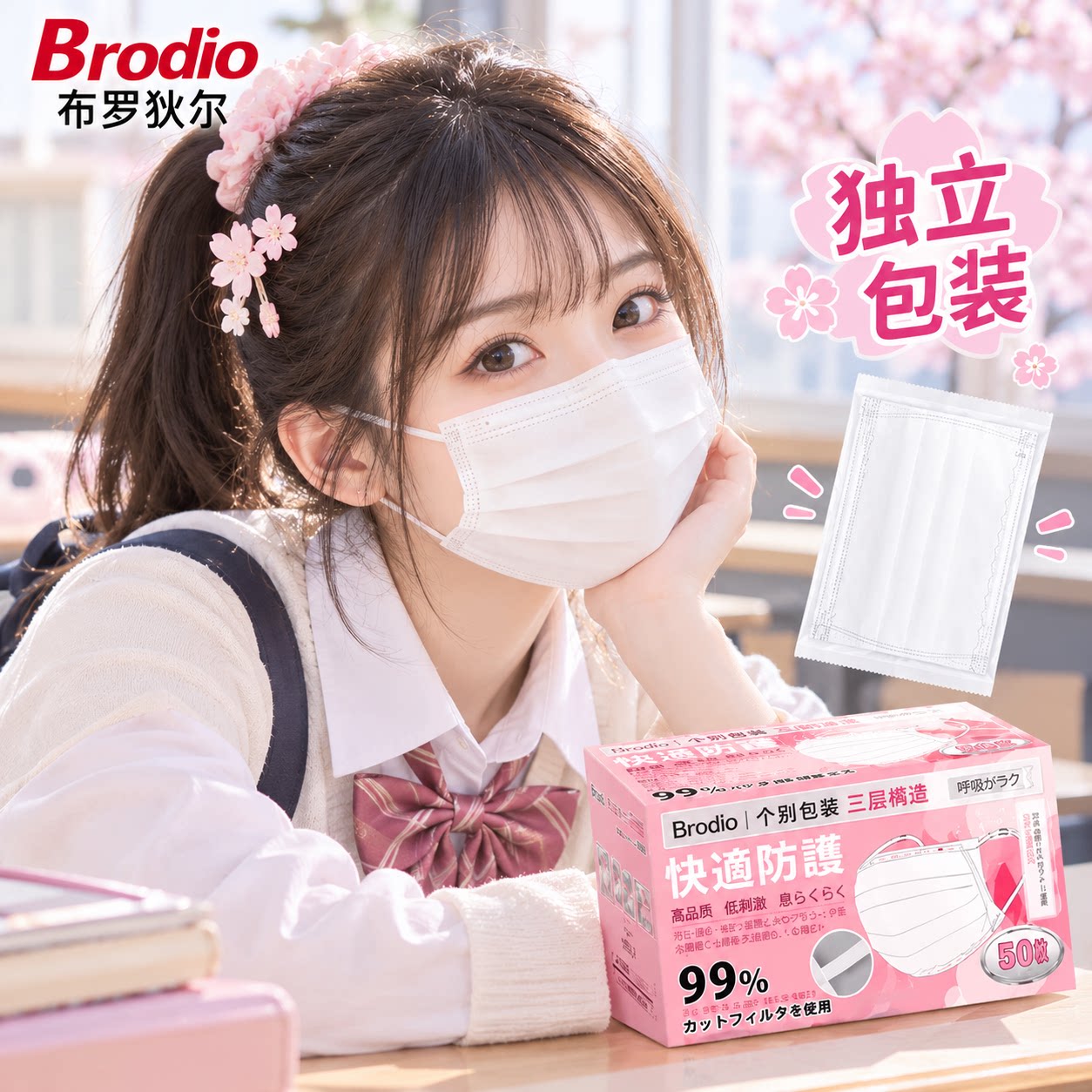 Brodio出口女士小脸保暖口罩一次性独立包装泡泡纱耳带轻薄防勒夏