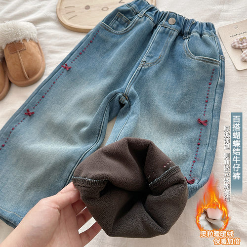 女童蓝色一条过冬一体绒裤子时髦