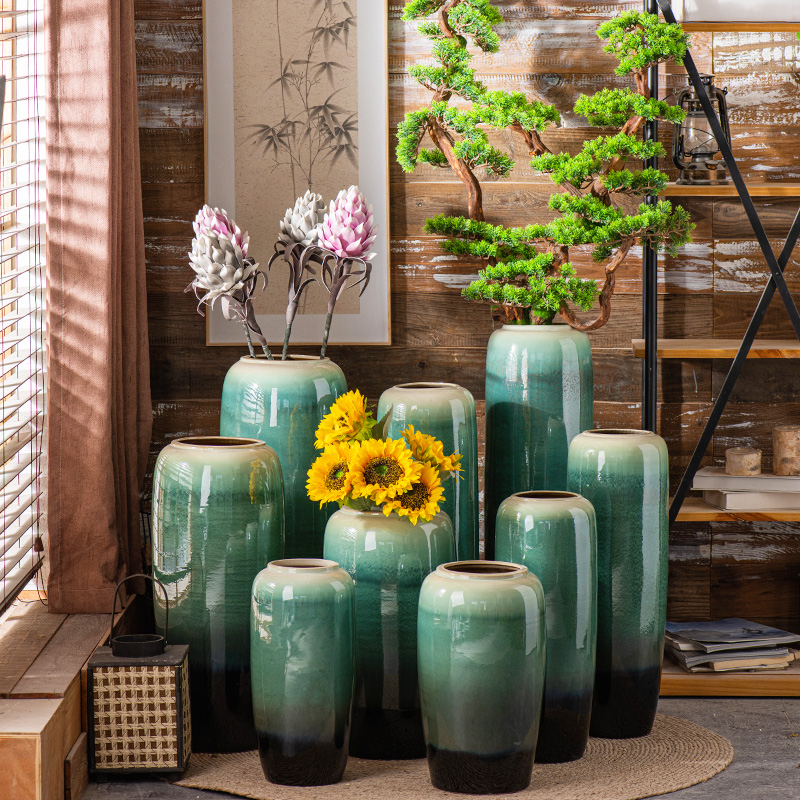 景德镇绿色手工落地大号花瓶新中式客厅酒店别墅摆件轻奢装饰品