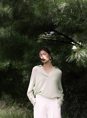 Gentle Forest马海毛V型polo领彩色百搭针织套头衫