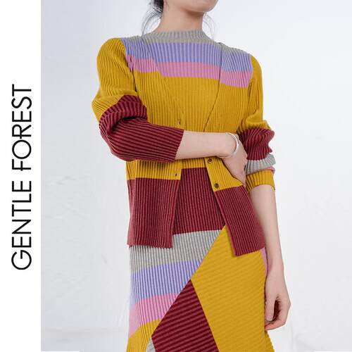 Gentle Forest【白】艺术感撞色羊毛V领双色螺纹针织开衫