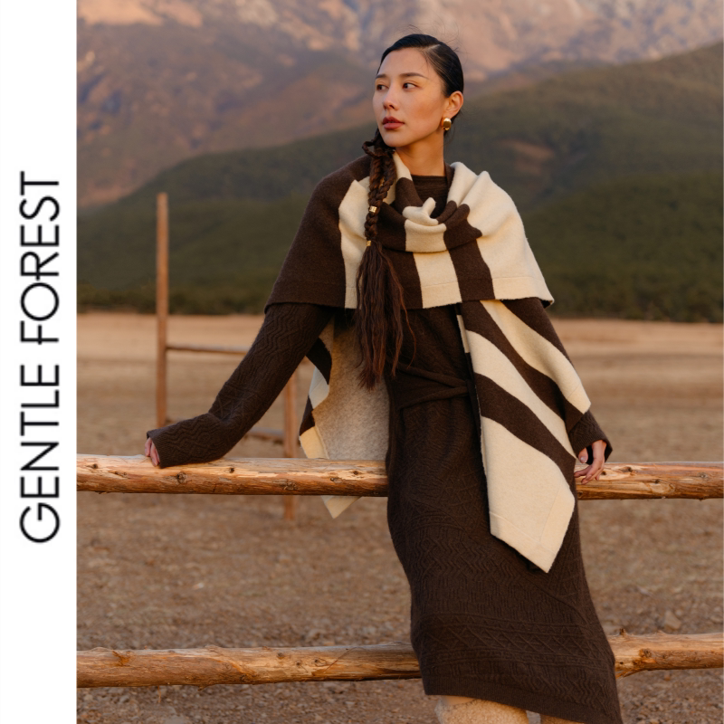 Gentle Forest【纳西】秋冬民族风双面牦牛绒宽条纹结构感披肩