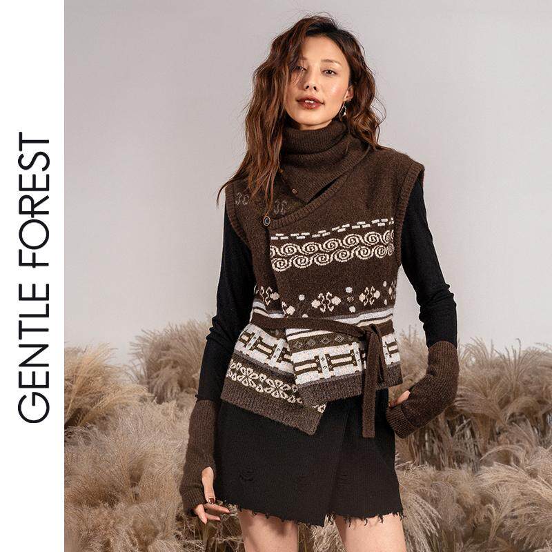 Gentle Forest【白】牦牛绒新民族风斜襟白族纹样绑带针织马甲