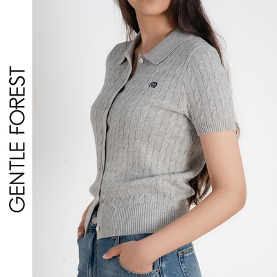 Gentle Forest羊毛棉混纺绞花POLO针织开衫