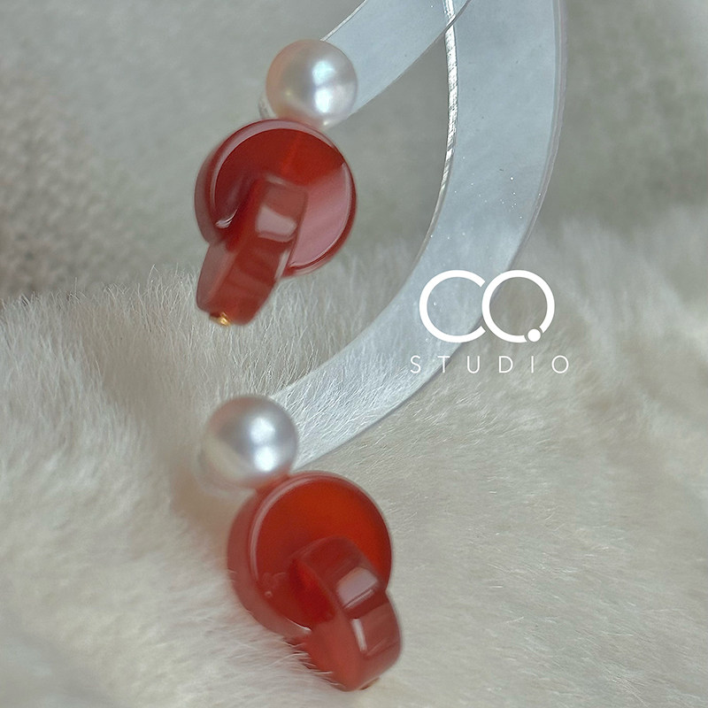 同心锁·CQ原创优雅复古红玛瑙珍珠耳环女几何建构高级感耳钉耳夹,饰品/流行首饰/时尚饰品新,耳环,淘宝优惠券,粉丝福利购,淘宝优惠卷