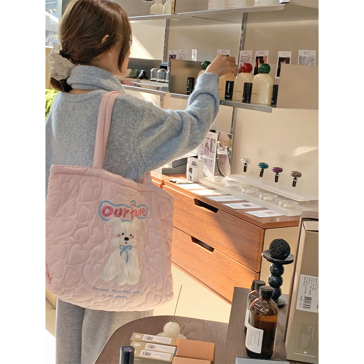 自制可爱小狗棉棉包大容量拉链托特包软糯绗缝爱心婴儿粉单肩包女