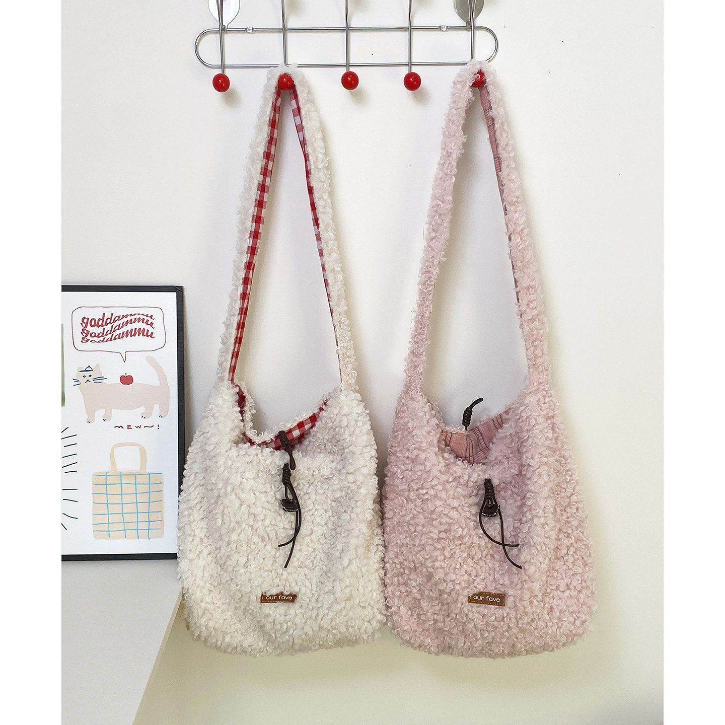 韩系慵懒风毛绒斜挎双面包百搭秋冬温柔小清新甜美格纹羊羔毛单肩,箱包皮具/热销女包/男包,单肩包,淘宝优惠券,粉丝福利购,淘宝优惠卷