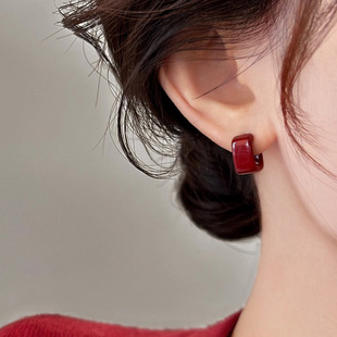 安可拉酒红色滴釉耳钉女2025新款 高级感轻奢简约气质秋冬耳环 爆款