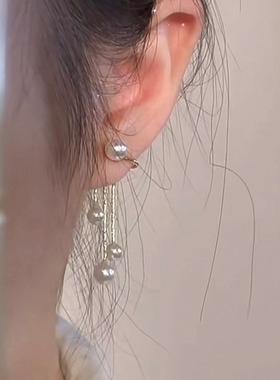 S925银流苏珍珠耳环2025新款爆款耳钉轻奢高级感耳夹女无耳洞耳饰