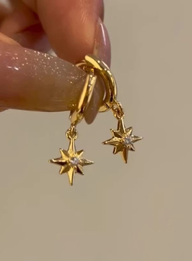S925银金色八芒星耳环2025新款高级感轻奢小众独特耳坠女复古耳扣