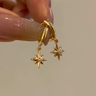 S925银金色八芒星耳环2025新款 高级感轻奢小众独特耳坠女复古耳扣