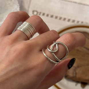 韩系银色宽版线条感戒指女小众设计食指戒轻奢高级感叠戴素圈指环