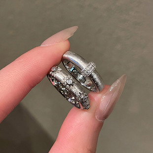 中古拉丝芒星排钻戒指女轻奢高级感复古时尚 指环 食指戒2025年新款