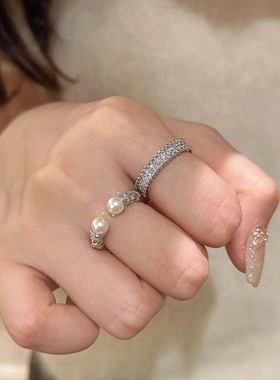 中古银色珍珠戒指女小众设计指环