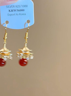 新中式仿红玛瑙金色楼阁流苏耳环高级感轻奢小众独特气质古风耳坠