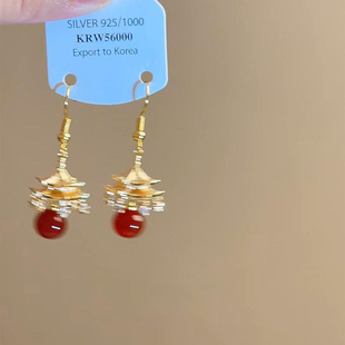 新中式 仿红玛瑙金色楼阁流苏耳环高级感轻奢小众独特气质古风耳坠