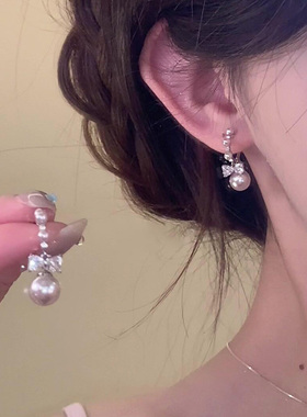 仿锆石蝴蝶结珍珠耳环2025新款爆款高级感轻奢独特漂亮耳钉女小众