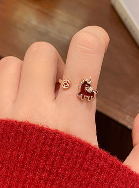 新年红色小马开口戒指女小众设计