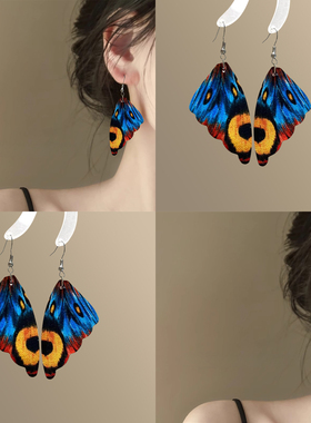 法式复古孔蓝蝴蝶耳环女轻奢高级感精致度假风耳钩夸张显脸小耳饰