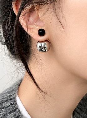 仿黑玛瑙金属球耳环2025新款爆款高级感耳钉女小众设计感秋冬耳饰