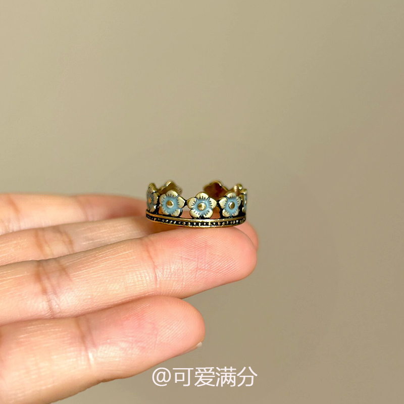 纯银复古蓝色小花戒指女小众设计