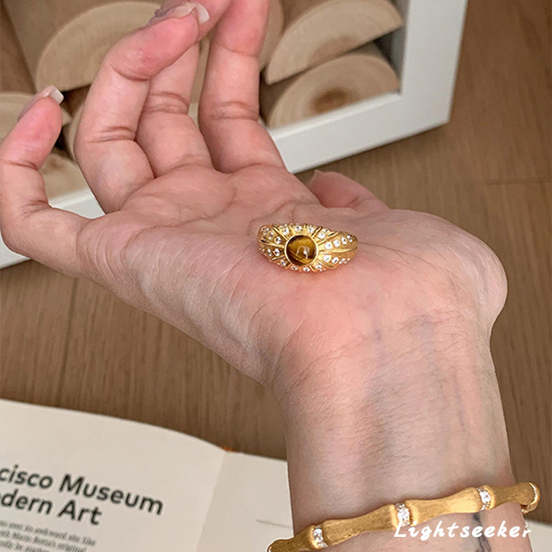 S925纯银中古金色虎眼石戒指女