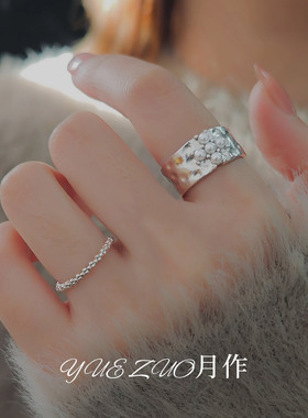 银色宽面仿珍珠戒指女轻奢高级感